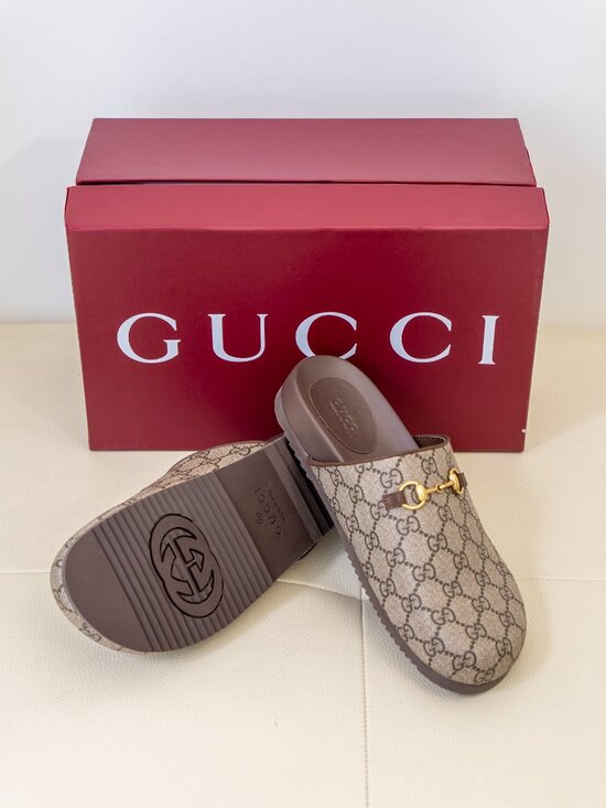 Gucci Brown Monogram Slides with Gold Accent - Picture 2 of 3